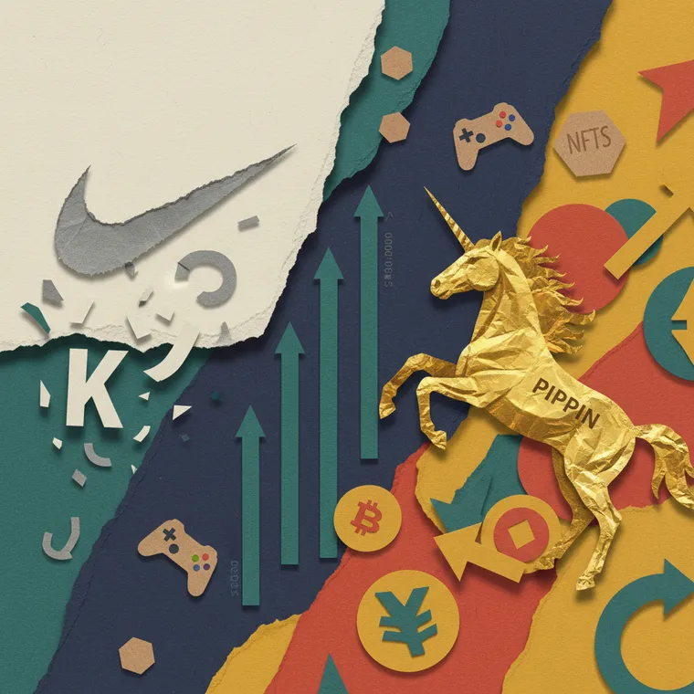 나이키 NFT 철수와 밈코인 PIPPIN 급등을 대비하는 페이퍼컷 콜라주 일러스트레이션 디지털 자산 시장 양극화