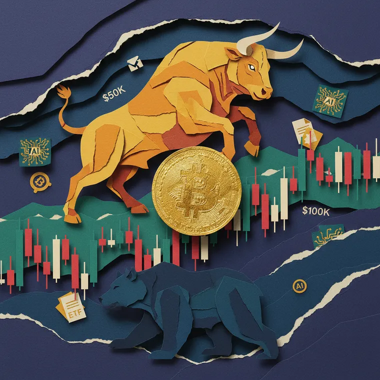 비트코인 강세 약세 시나리오 페이퍼컷 콜라주 기술적 분석 일러스트레이션