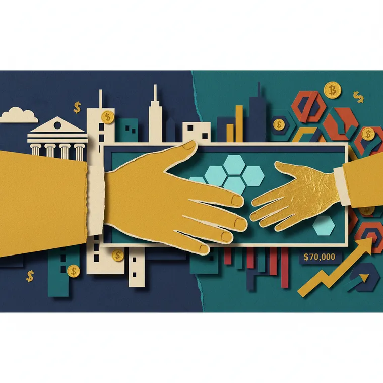 미래에셋과 코빗의 인수 합병을 상징하는 전통 금융과 디지털 자산의 악수 페이퍼컷 일러스트레이션