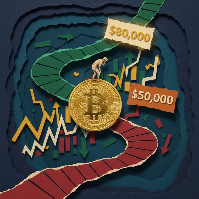 비트코인(Bitcoin) $70,000 기로, $80,000 상승과 $50,000 하락 갈림길 페이퍼컷 일러스트레이션