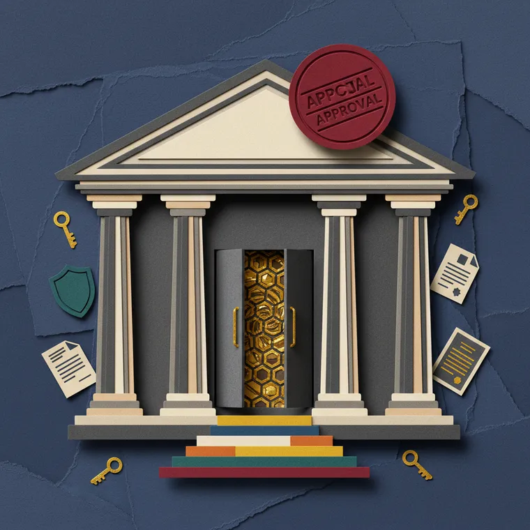 Crypto.com 미국 연방 암호화폐 수탁 은행 OCC 인가 승인을 상징하는 은행 건물과 블록체인 페이퍼컷 콜라주 일러스트레이션