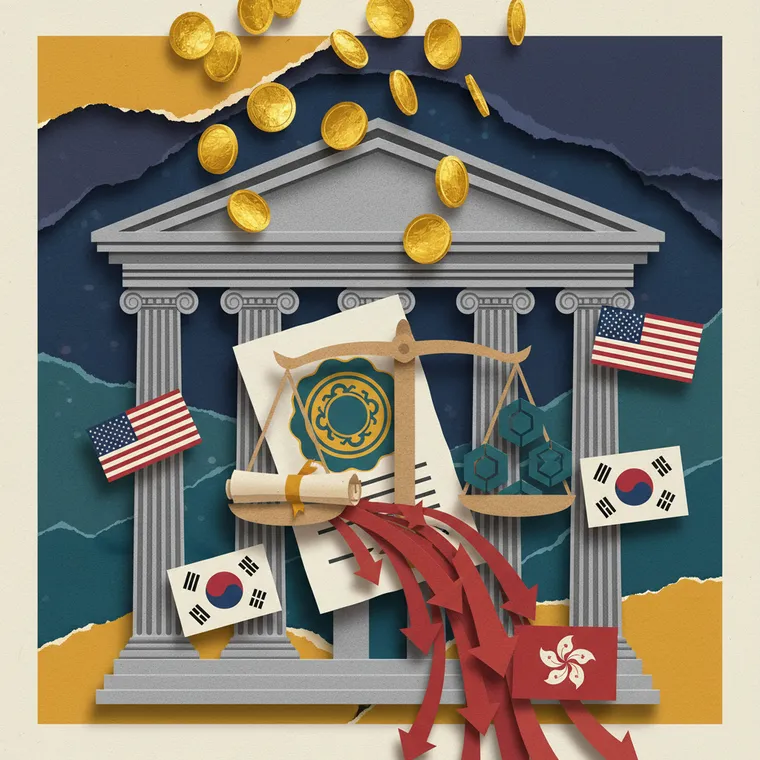 비트코인 ETF 자금 유출과 글로벌 암호화폐 규제 정책 대전환 페이퍼컷 콜라주 일러스트레이션