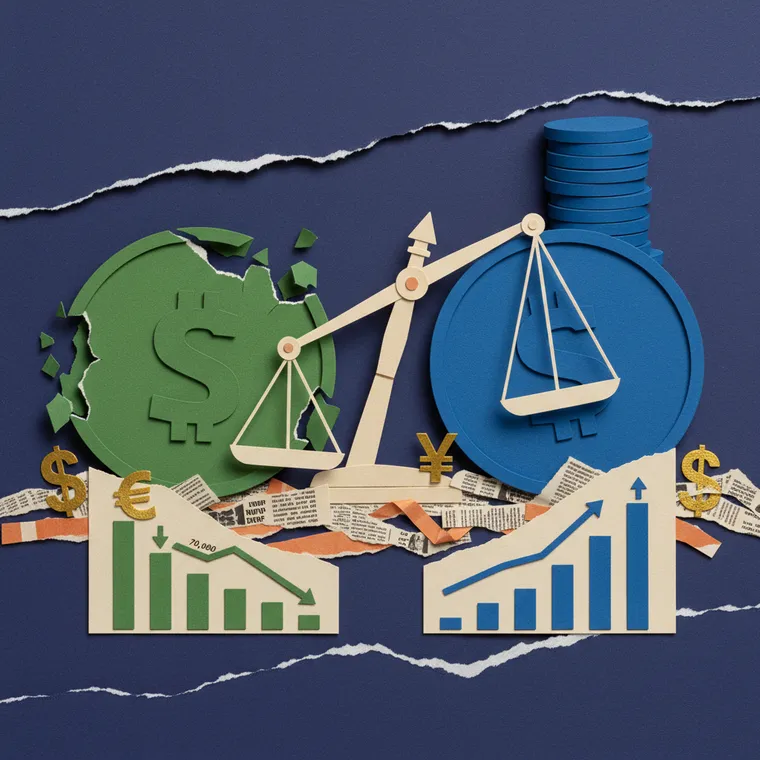 테더 USDT 시총 하락과 서클 USDC 급성장 스테이블코인 경쟁 구도를 표현한 페이퍼컷 콜라주 일러스트레이션