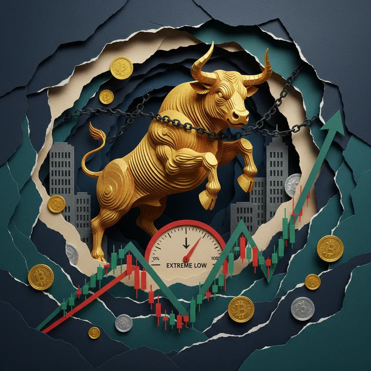 비트코인 반등 숏 스퀴즈 공포지수 극단적 공포 속 강세장 황소 돌파 암호화폐 시장 페이퍼컷 콜라주 일러스트레이션