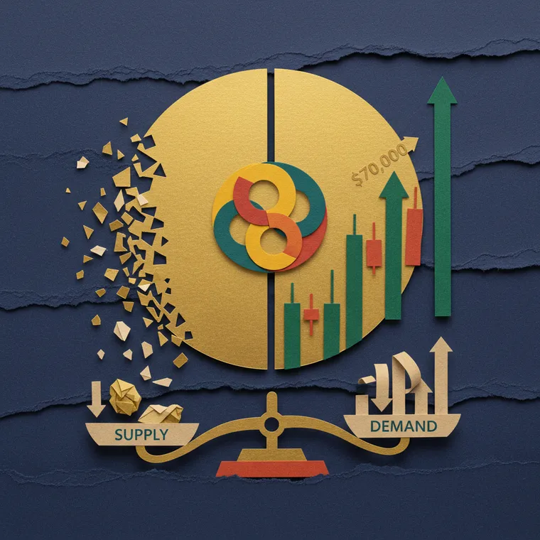 폴카닷 DOT 반감기 공급 축소와 가격 상승을 표현한 페이퍼컷 콜라주 일러스트레이션