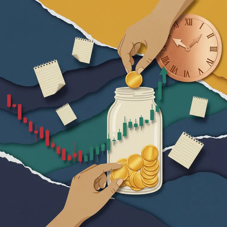 암호화폐 DCA 적립식 투자 분할 매수 전략 페이퍼컷 콜라주 일러스트레이션