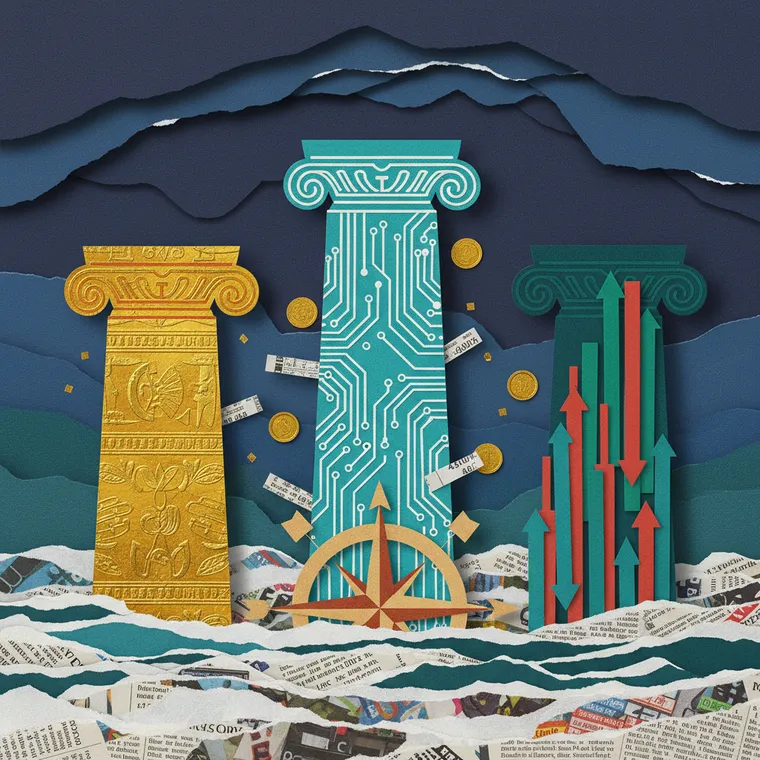 2026년 크립토 3대 메가 내러티브 RWA AI 탈중앙 파생상품 섹터 심층분석 페이퍼컷 콜라주 일러스트레이션