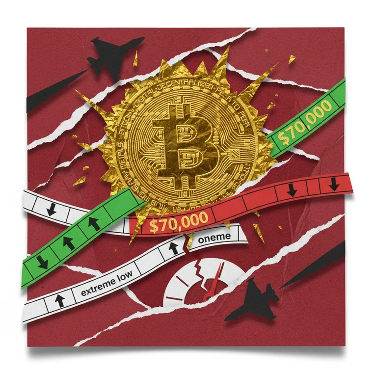 비트코인 이란 공습 급반등 극단적 공포 암호화폐 시장 긴급 브리핑 페이퍼컷 콜라주 일러스트레이션