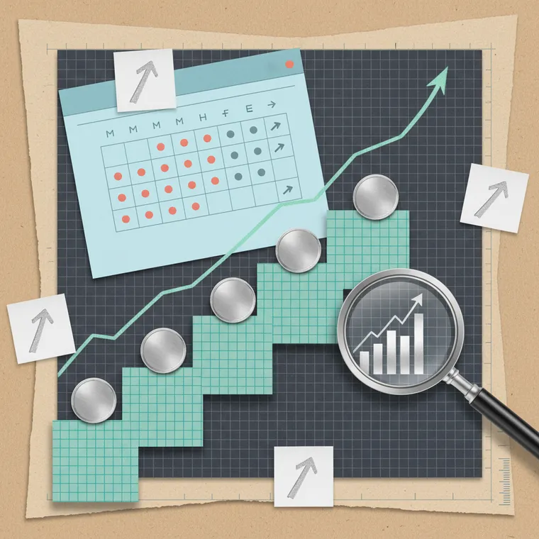 암호화폐 DCA 적립식 투자 전략 단계적 코인 매수 상승 차트 페이퍼컷 콜라주 일러스트레이션