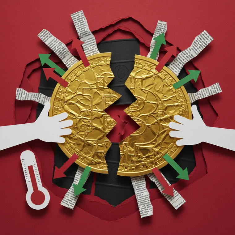 비트코인 가격 급락 반등 공포탐욕지수 14 극단적 공포 이란 공습 시장 변동성 페이퍼컷 콜라주 일러스트레이션