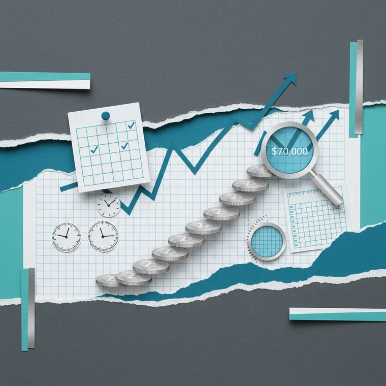 암호화폐 DCA 적립식 투자 수익률 성장 계단형 코인 차트 페이퍼컷 콜라주 일러스트레이션