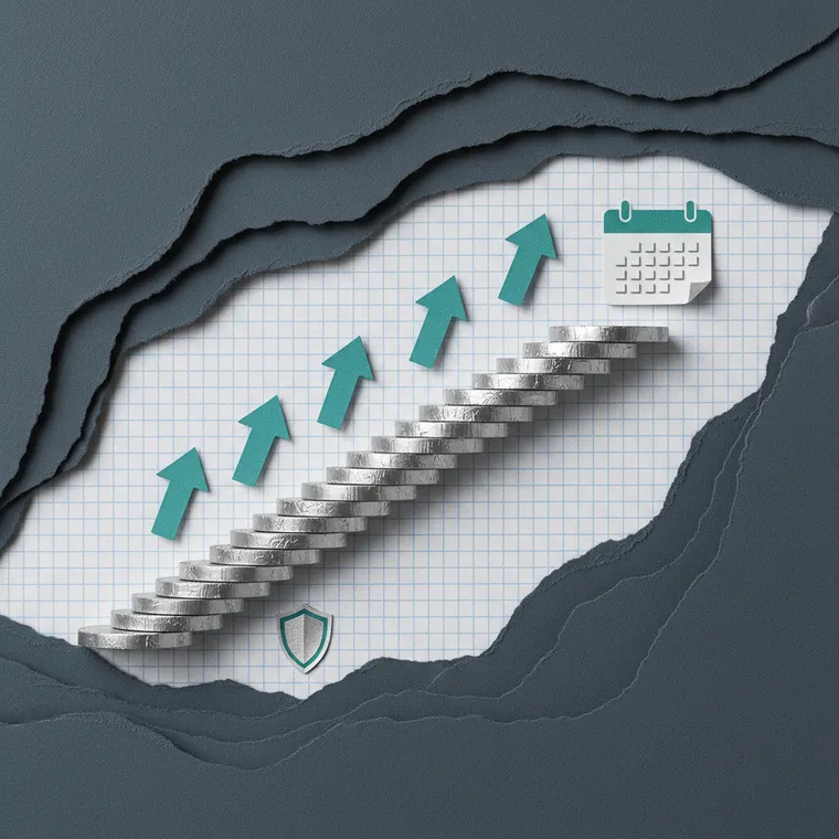 암호화폐 적립식 투자 DCA 전략 계단식 수익 성장 데이터 분석 페이퍼컷 콜라주 일러스트레이션