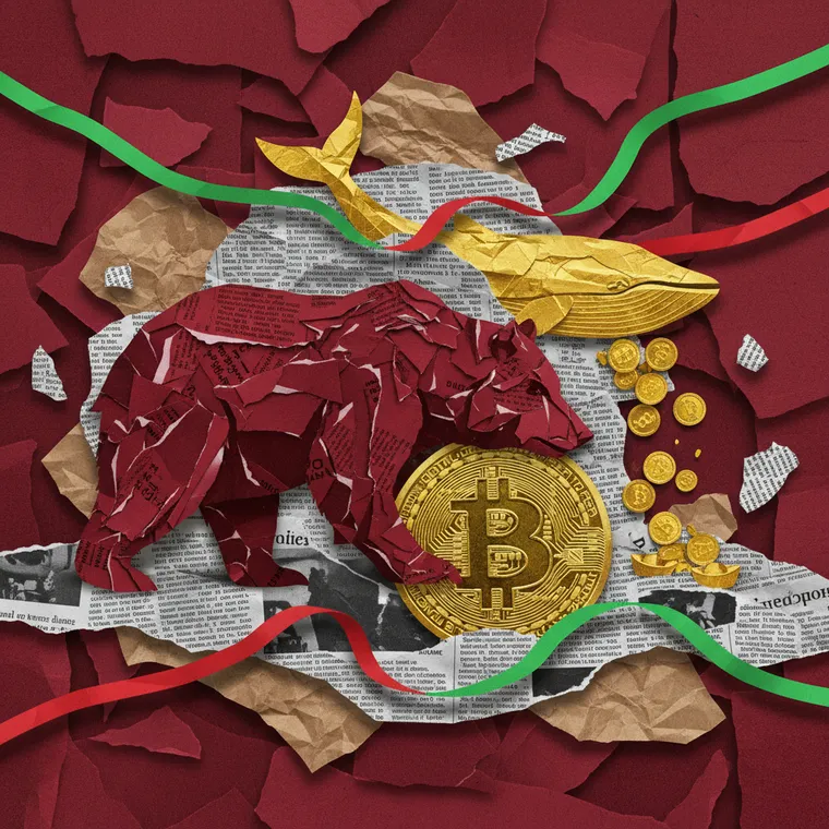 비트코인 하락장 극단적 공포 속 고래 매집 시장 괴리 페이퍼컷 콜라주 일러스트레이션