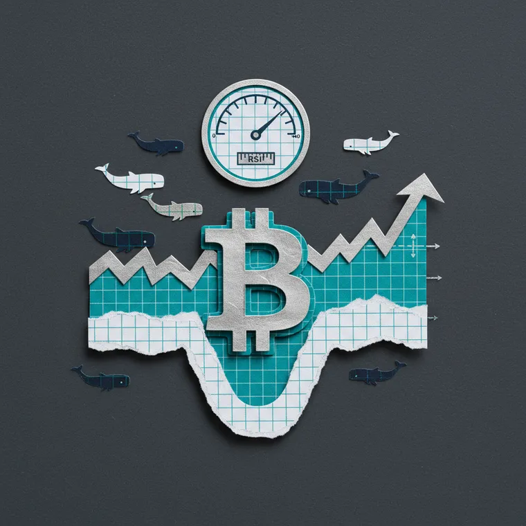 비트코인 RSI 과매도 신호와 고래 축적을 표현한 페이퍼컷 콜라주 일러스트레이션