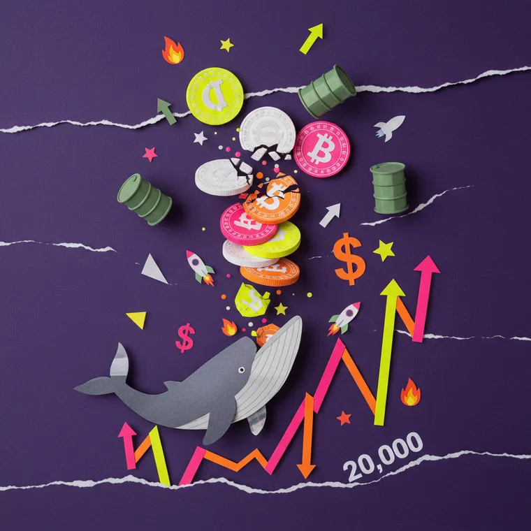 알트코인 사상 최저가 하락과 고래 축적을 표현한 페이퍼컷 콜라주 일러스트레이션