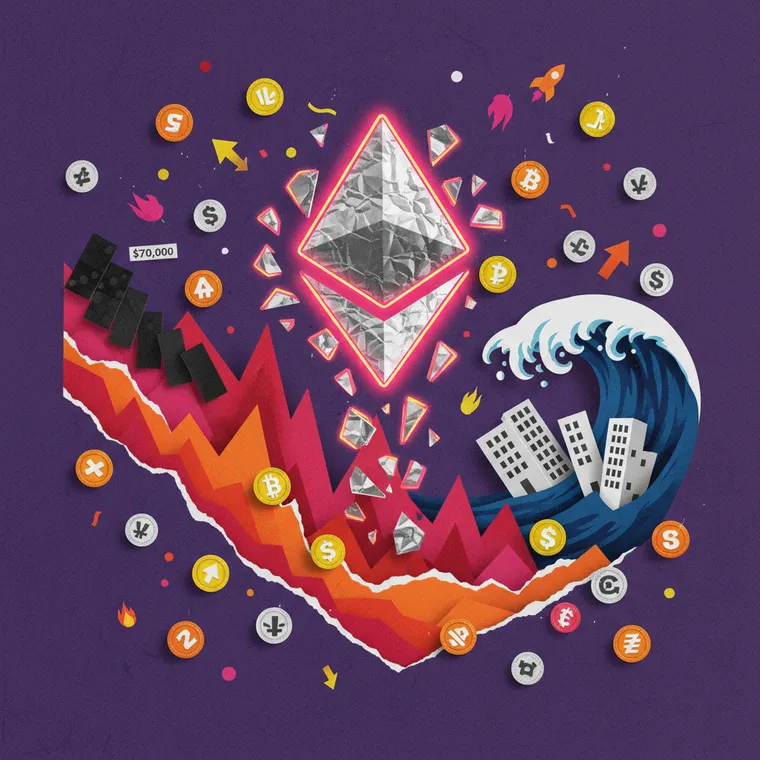 알트코인 대폭락을 상징하는 이더리움 심볼 붕괴와 도미노 연쇄 하락 페이퍼컷 콜라주 일러스트레이션