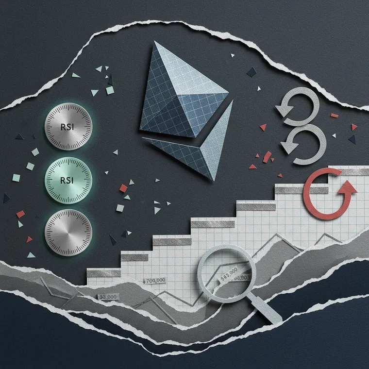 이더리움 ETH 트리플 오버솔드 시그널 분석 일러스트레이션 - 하락과 반등 가능성을 표현한 페이퍼컷 콜라주