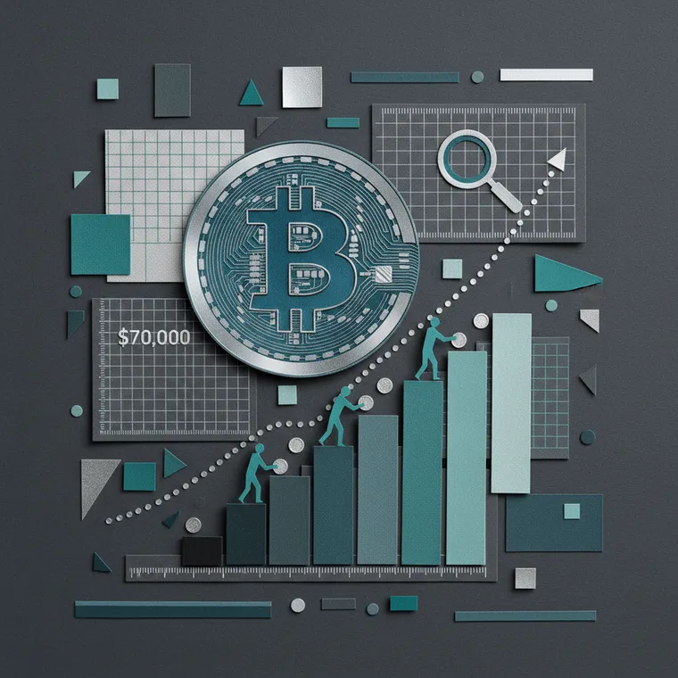 비트코인 분할 매수 DCA 전략을 상징하는 하락 계단에 코인을 배치하는 페이퍼컷 콜라주 일러스트