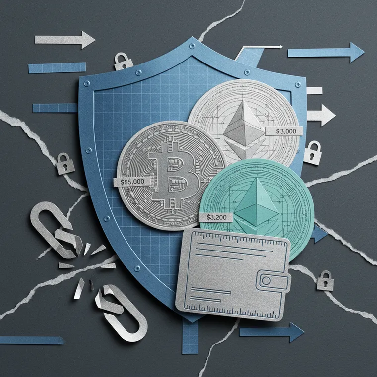 암호화폐 안전 보관을 상징하는 방패와 하드웨어 월렛 페이퍼컷 콜라주 일러스트레이션