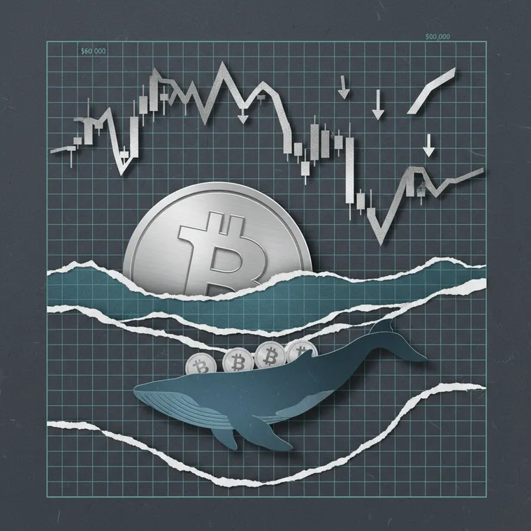 비트코인 과매도 구간에서 고래 매집을 표현한 페이퍼컷 콜라주 일러스트레이션