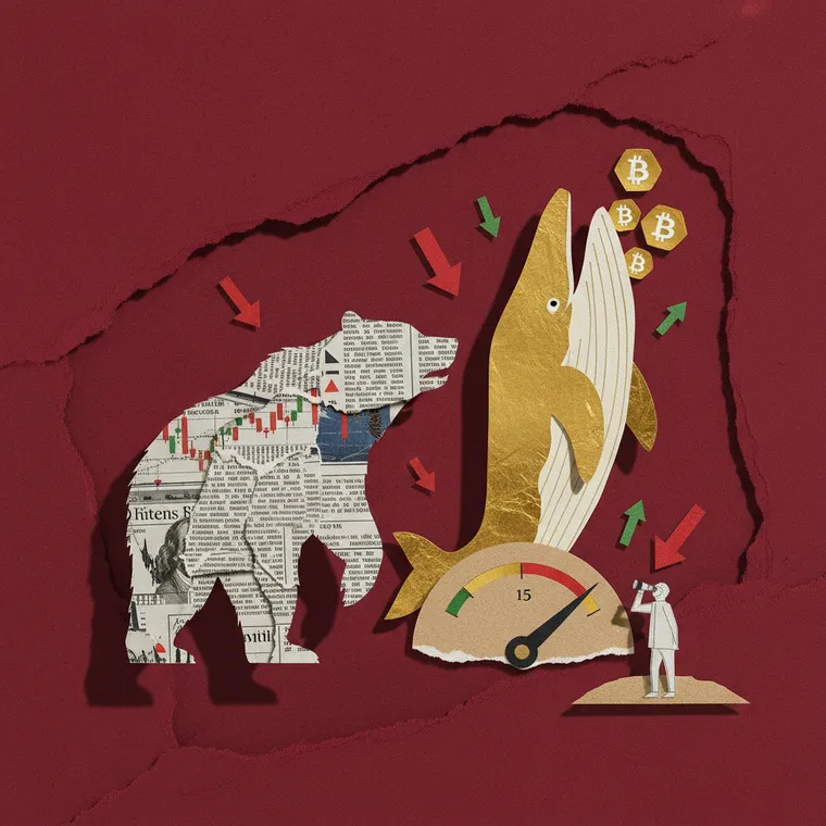 극단적 공포 시장에서 고래가 비트코인을 매집하는 모습을 표현한 페이퍼컷 콜라주 일러스트레이션