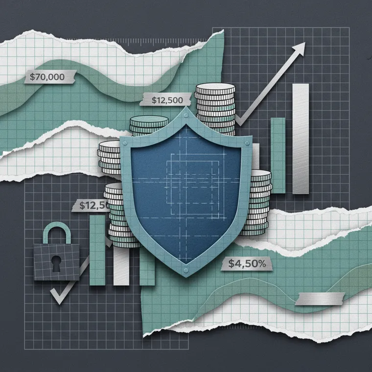 암호화폐 투자 전략 가이드 일러스트 - 포트폴리오 보호 방패와 코인 적립 차트 페이퍼컷 콜라주