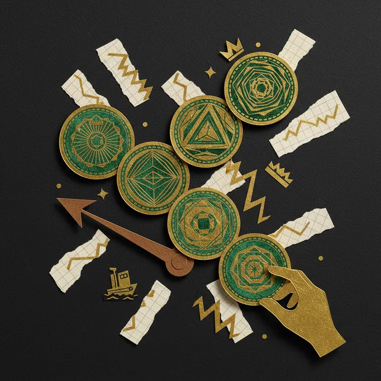 극단적 공포장에서 주목할 암호화폐 TOP 6 코인을 상징하는 페이퍼컷 콜라주 일러스트레이션