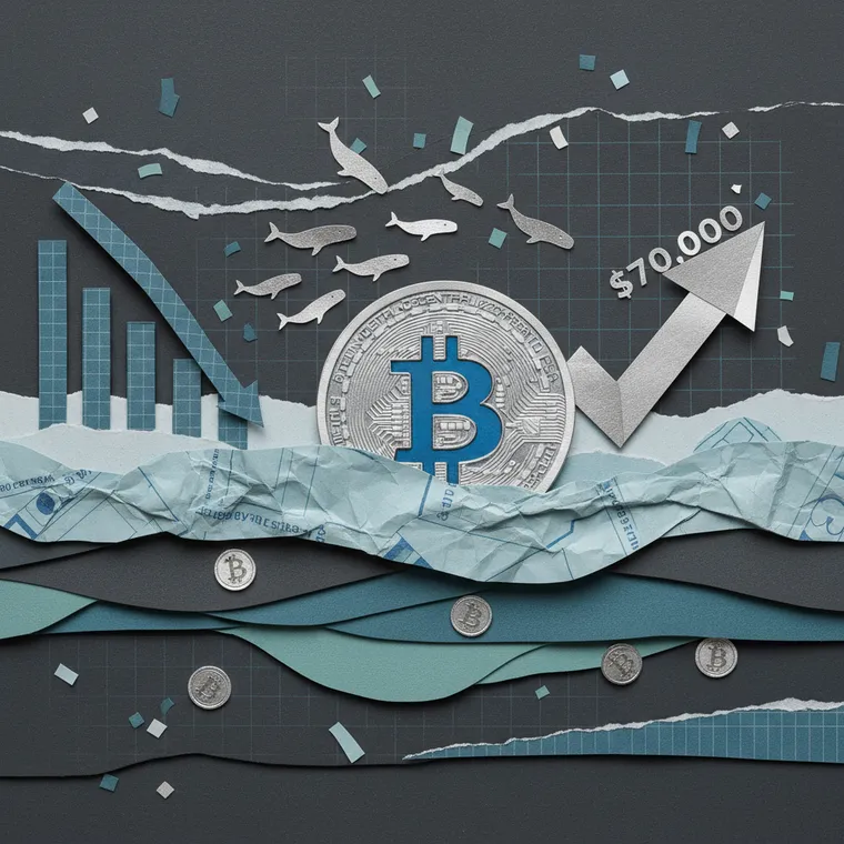 비트코인 온체인 분석 일러스트: 거래소 유출과 고래 축적을 상징하는 페이퍼컷 콜라주