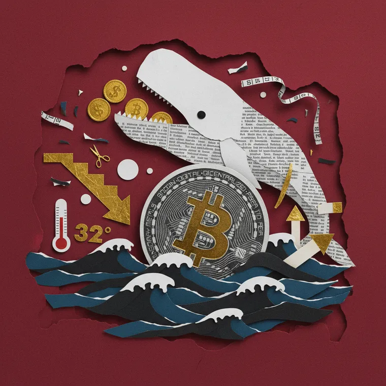 비트코인 공포탐욕지수 극단적 공포 속 고래 매집을 상징하는 페이퍼컷 콜라주 일러스트레이션