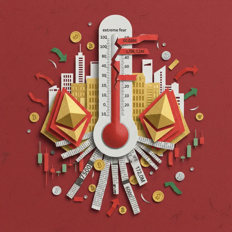 2026년 3월 17일 크립토 시장 브리핑 - 공포탐욕지수 극단적 공포 속 이더리움 급등과 기관 자금 유입을 표현한 페이퍼컷 콜라주 일러스트
