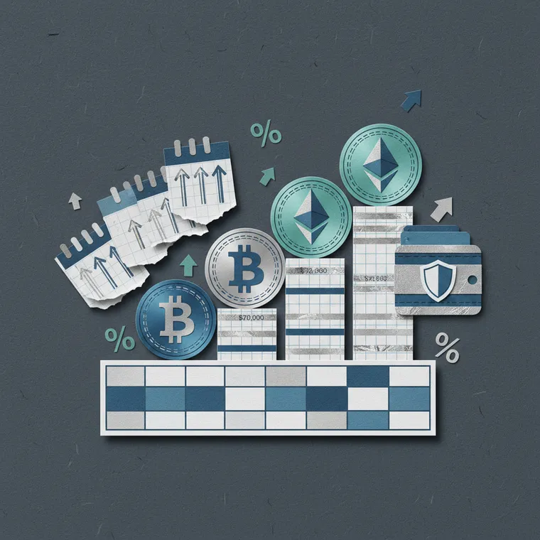 암호화폐 장기 투자 전략을 상징하는 DCA 적립식 매수, 스테이킹, 하드웨어 지갑 보안 요소의 페이퍼컷 콜라주 일러스트