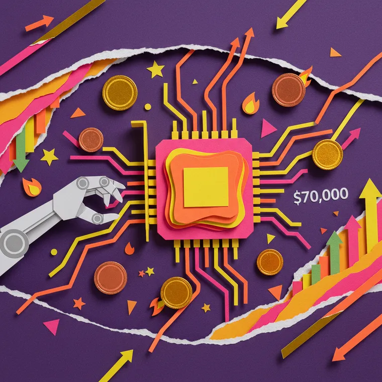 엔비디아 GTC 이후 AI 토큰 급등을 상징하는 GPU 칩과 암호화폐 코인 페이퍼컷 콜라주 일러스트레이션