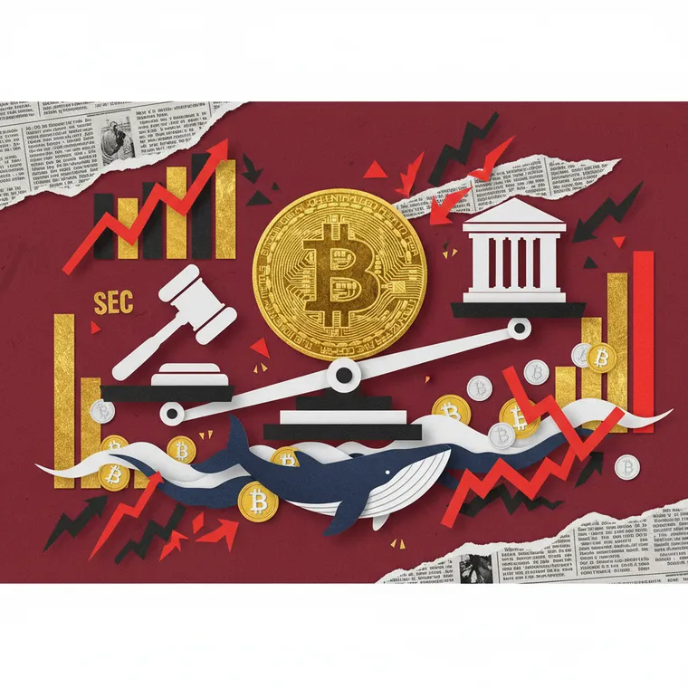 SEC 규제와 FOMC 금리 결정을 상징하는 저울 위 비트코인과 고래 축적을 표현한 페이퍼컷 콜라주 일러스트