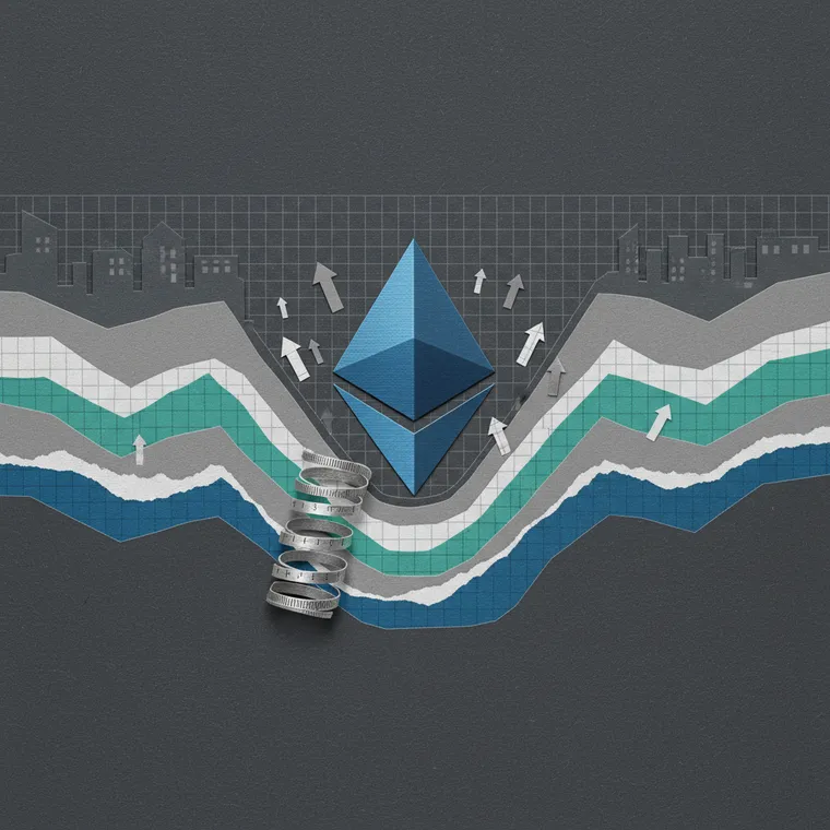 이더리움 ETH 가격 사이클 바닥 분석 일러스트레이션 - 하락 후 반등 가능성을 상징하는 페이퍼컷 콜라주