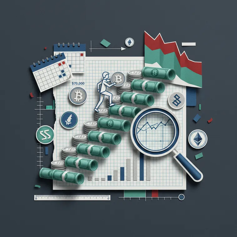 크립토 적립식 투자 DCA 전략을 계단형 코인 적립으로 표현한 페이퍼컷 콜라주 일러스트