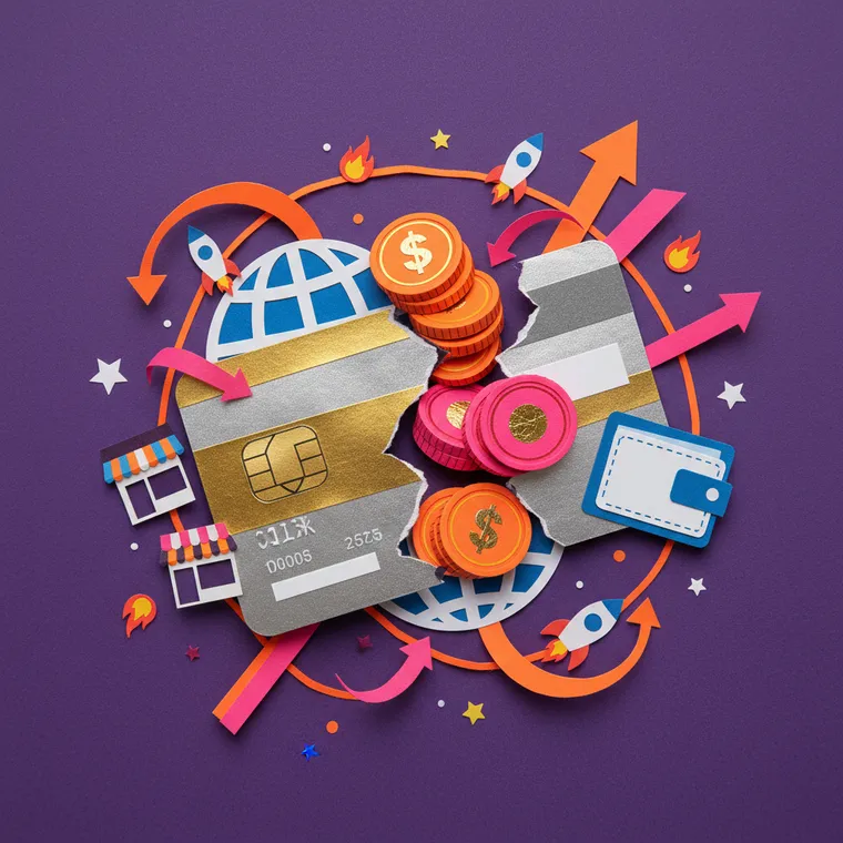 마스터카드 BVNK 스테이블코인 인수를 상징하는 신용카드와 디지털 코인 페이퍼컷 콜라주 일러스트