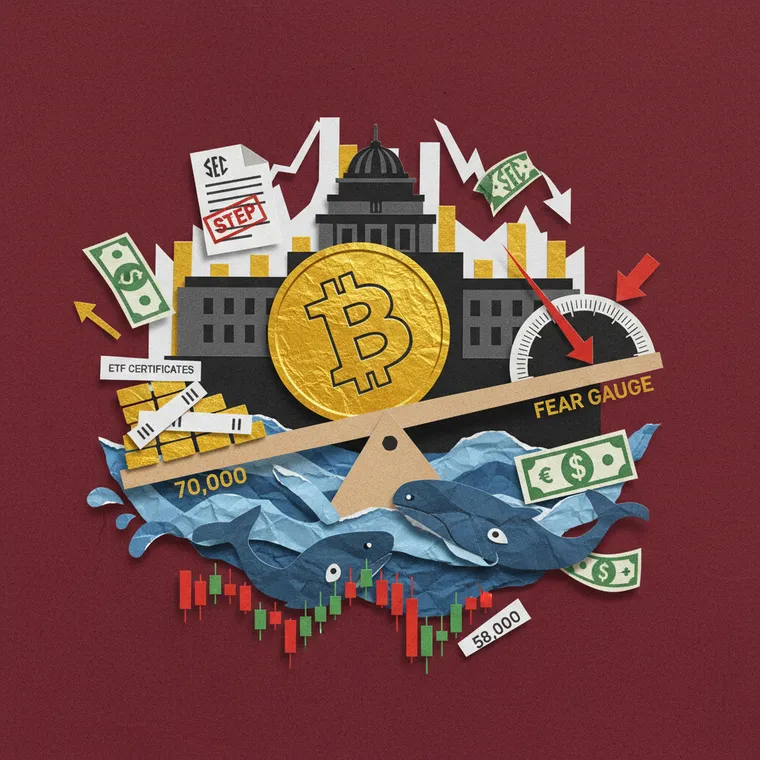 비트코인 FOMC 급락과 ETF 기관 유입을 표현한 페이퍼컷 콜라주 일러스트레이션