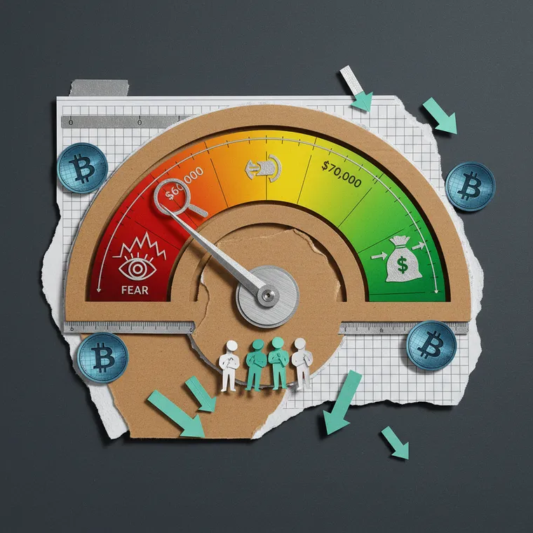 크립토 공포탐욕지수 게이지가 극단적 공포 구간을 가리키는 페이퍼컷 콜라주 일러스트레이션