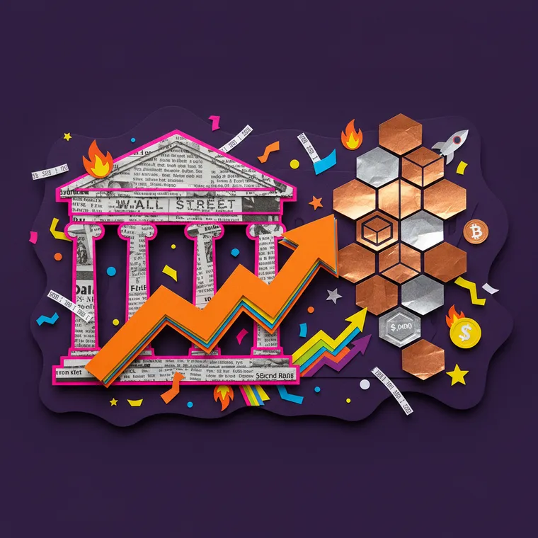 S&P 500 하이퍼리퀴드 디파이 상장을 상징하는 월스트리트와 블록체인 합류 페이퍼컷 콜라주 일러스트