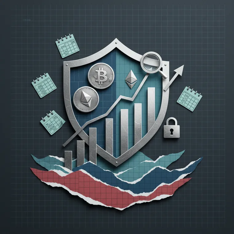 크립토 하락장 생존 가이드 일러스트: DCA 적립식 투자, 스테이킹 수익, 보안 전략을 상징하는 페이퍼컷 콜라주