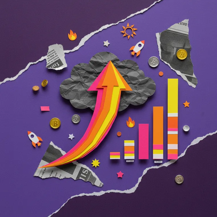 JTO 지토 코인 급등을 상징하는 페이퍼컷 콜라주 일러스트레이션 — 폭풍 속 상승 화살표