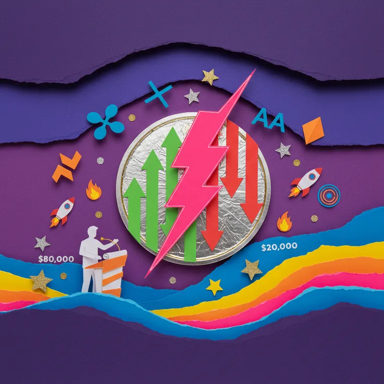 트럼프 이란 발언 번복으로 인한 크립토 시장 청산 폭탄과 알트코인 분화를 표현한 페이퍼컷 콜라주 일러스트