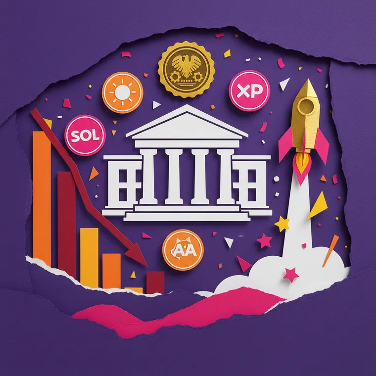 SEC 디지털 상품 분류와 알트코인 시장 변화를 상징하는 페이퍼컷 콜라주 일러스트레이션