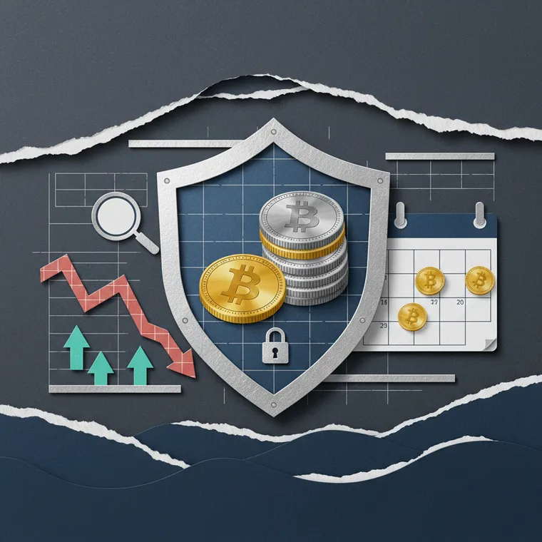 암호화폐 하락장 투자 전략을 상징하는 DCA 적립식 투자와 자산 보호 일러스트레이션