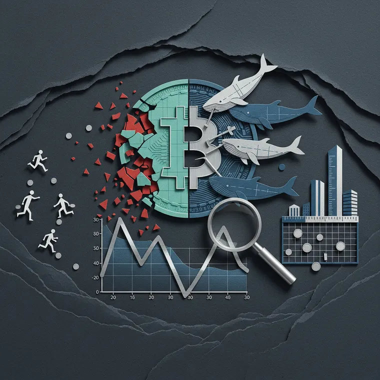 비트코인 RSI 과매도 구간에서 고래 매집을 표현한 페이퍼컷 콜라주 일러스트레이션