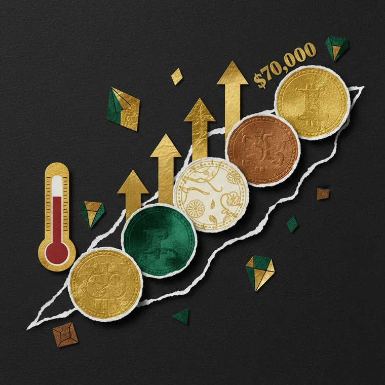 극도의 공포 시장에서 매수 추천 코인 5개를 상승 계단 형태로 배치한 페이퍼컷 콜라주 일러스트