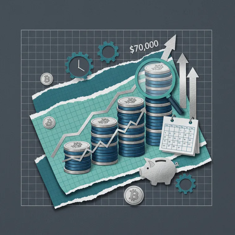 크립토 적립식 투자 DCA 전략을 상징하는 단계적 코인 성장 일러스트레이션