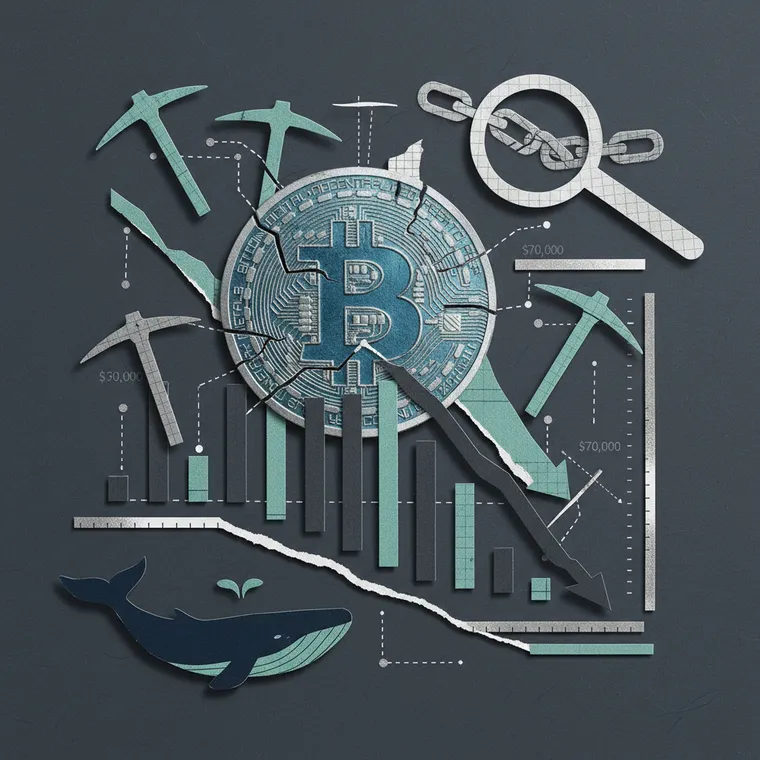 비트코인 온체인 바닥 시그널 분석 일러스트 — 채굴 장비와 하락 차트, 돋보기로 체인 데이터를 분석하는 페이퍼컷 콜라주