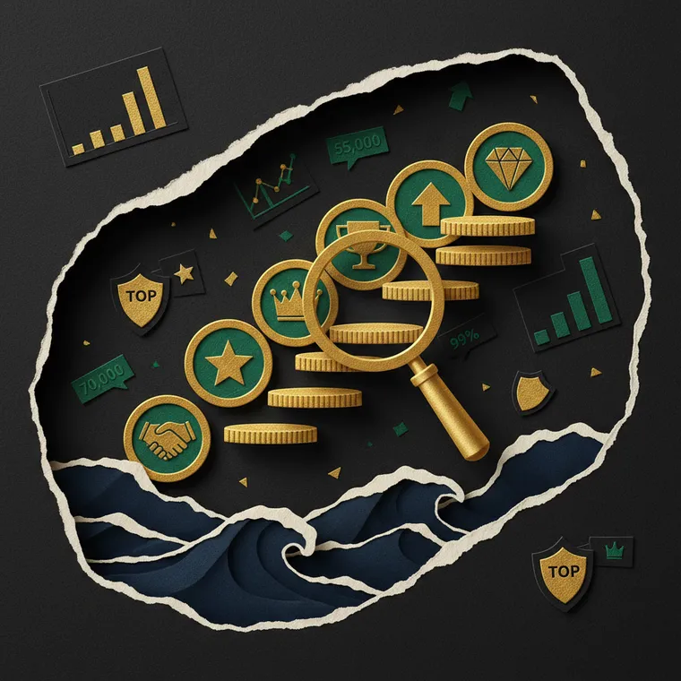 극단적 공포장에서 매수할 유망 코인 7선을 상징하는 금색과 에메랄드색 페이퍼컷 콜라주 일러스트