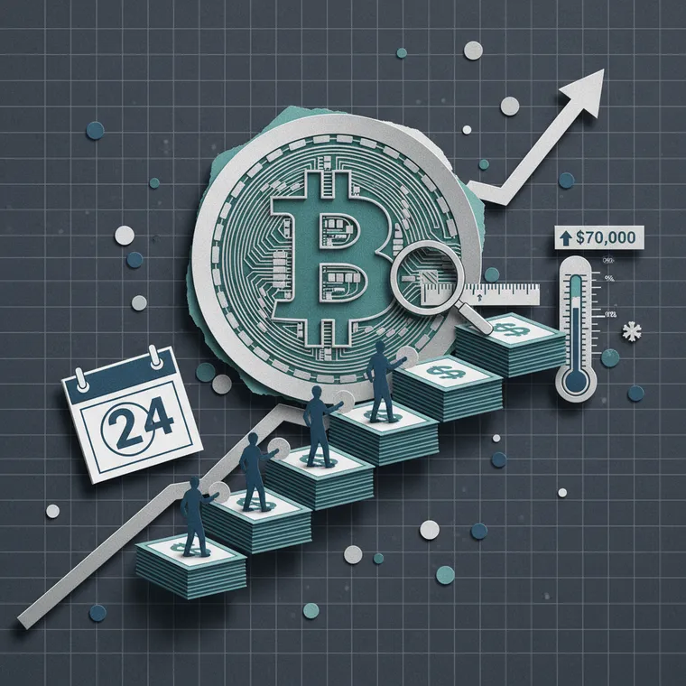 비트코인 적립식 투자 DCA 전략을 표현한 페이퍼컷 콜라주 일러스트레이션 - 계단식 상승 그래프와 비트코인 코인